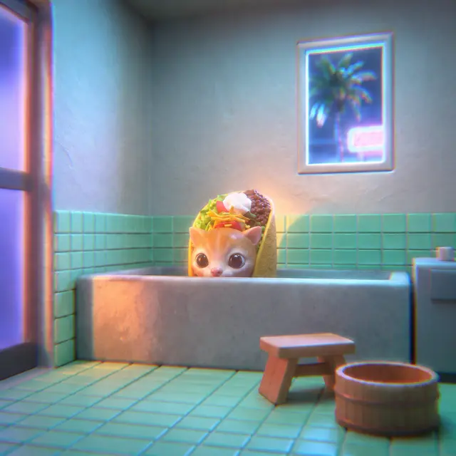Taco Cat peeking from a tiled bath