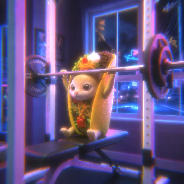 Taco Cat lifting a barbell in a neon gym
